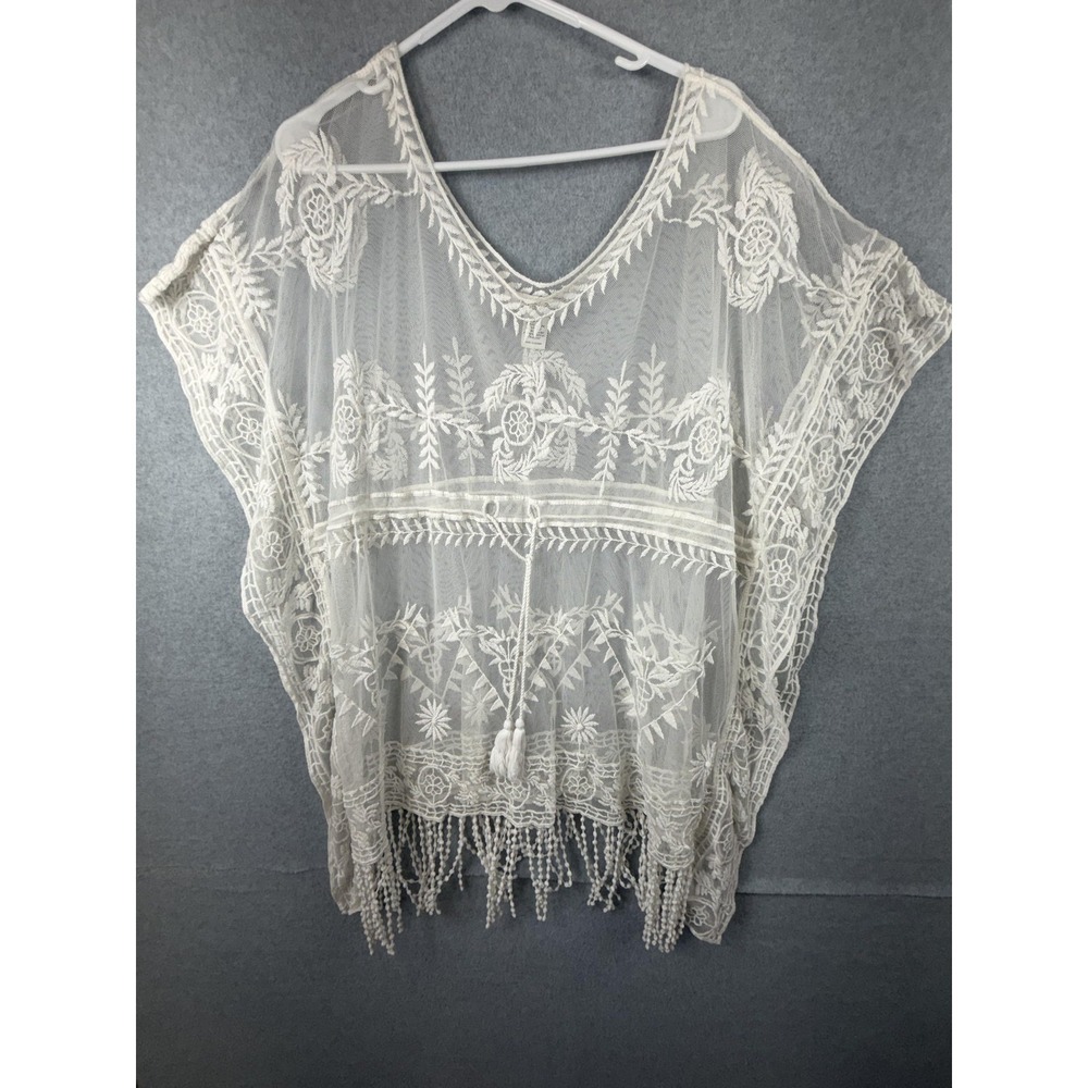 Rachel‎ Zoe Kimono Blouse Womens One Size White Sheer Lace Embroidered Fringe